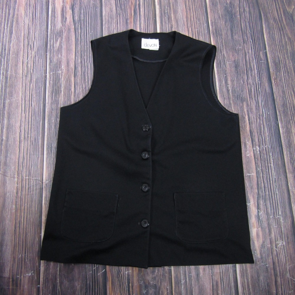 Vintage‎ Devon Vest Womens 16 Black Solid 4-Button Tailored Waistcoat Made USA